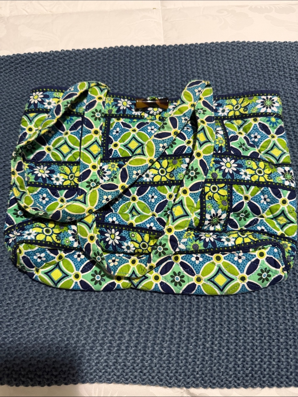 Vera Bradley Quilted Tote in Navy, Green & Teal Geometric Floral